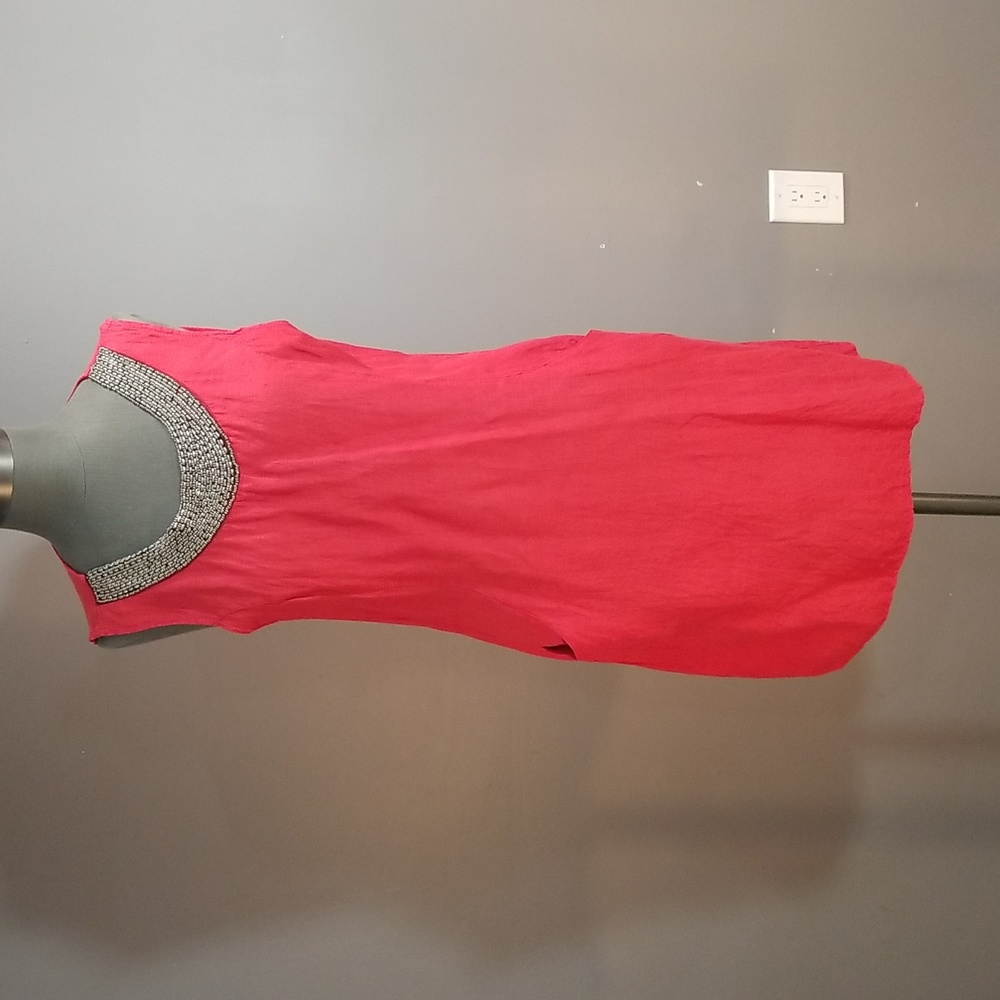 Lina Tomei 100% linen dress with beaded neckline coral knee length size large